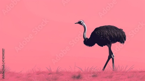 Illustration of a black ostrich on a pink background with subtle grass details
