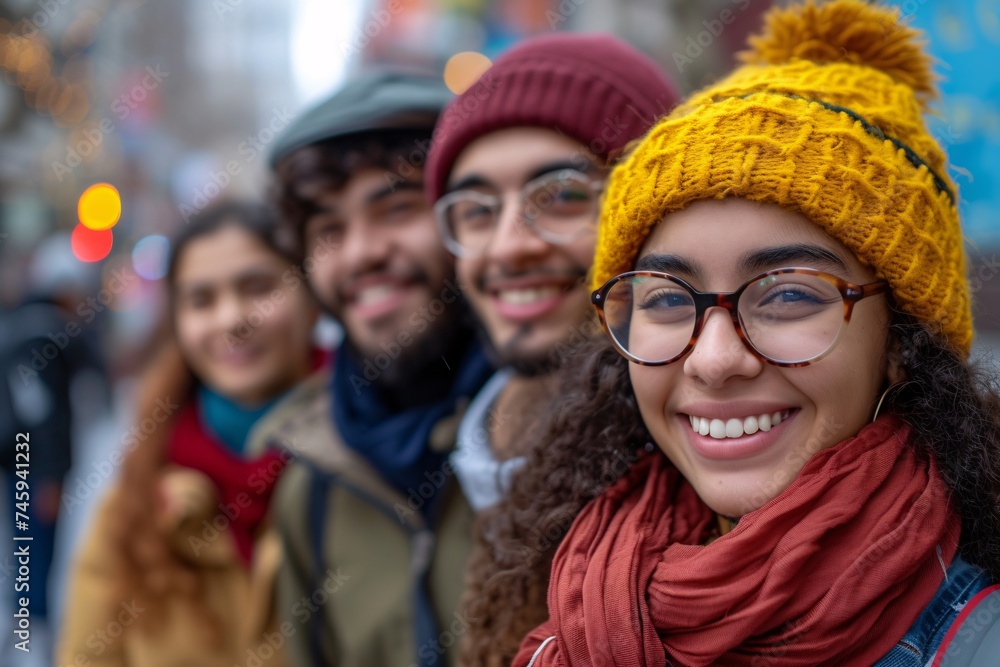 A diverse group of friends wearing colorful winter accessories posing for a photo A diverse group of friends wearing colorful winter accessories posing for a photo