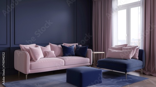 Elegant minimal living room with sofas and table, pink and navy blue colors