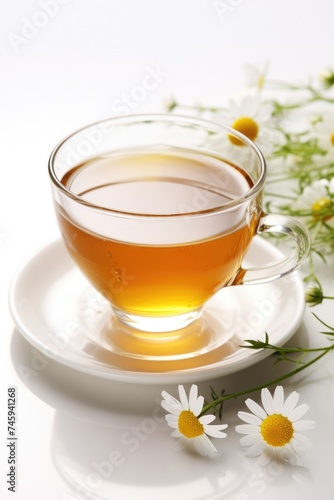 cup of tea with chamomile flowers on rustic wooden background