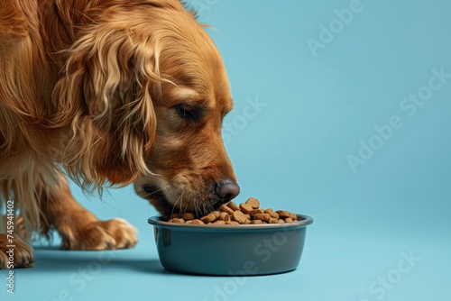 Golden retriever pet dog eating food from dish isolated on blue background. ai generated