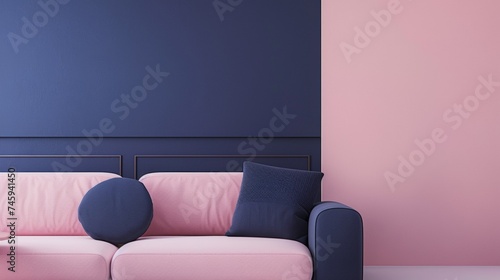 Modern living room interior with pink and dark blue sofa  against a dual-tone pink wall