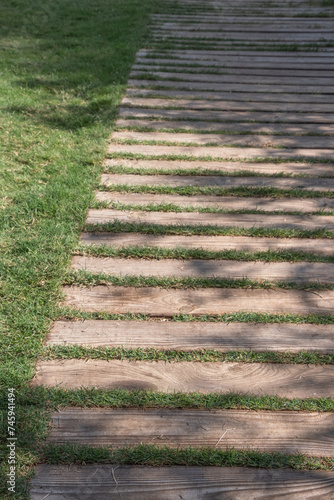 Decorative wooden pathway on green lawns.