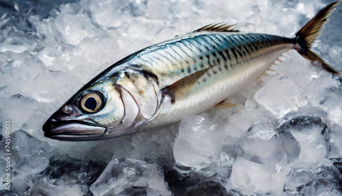 Fresh mackerel fish on crushed ice at a seafood market.