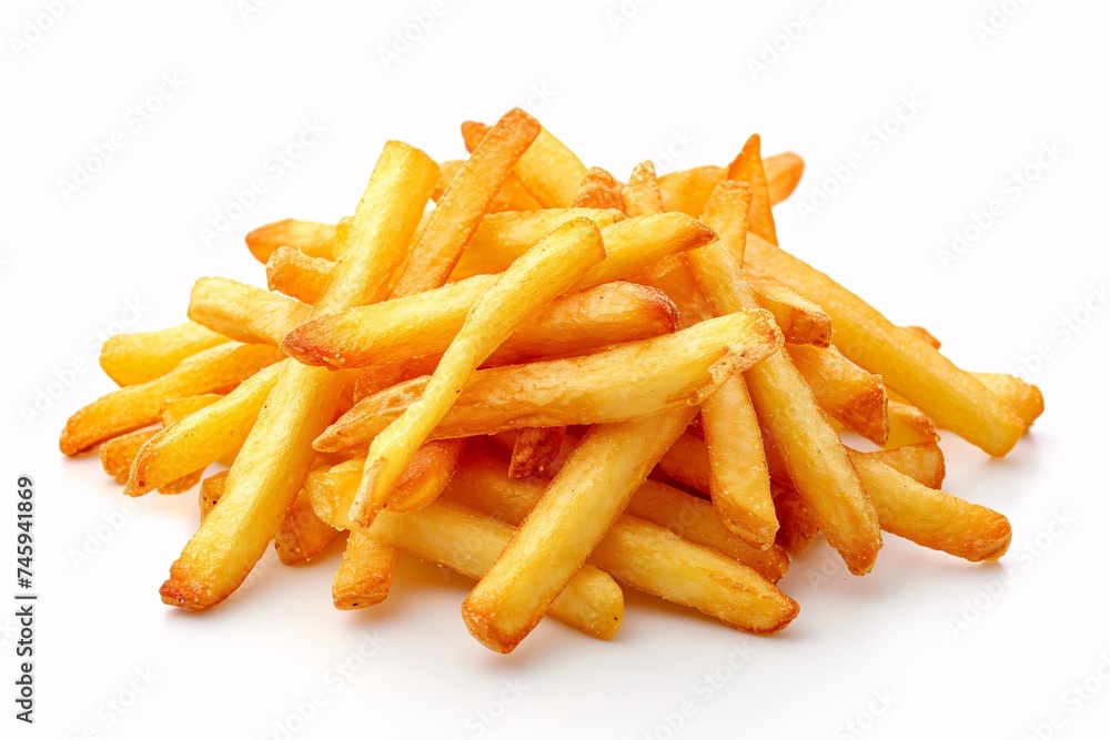 A close-up shot of a tempting pile of crispy golden French fries freshly fried and looking delectable A close-up shot of a tempting pile of crispy golden French fries freshly fried and looking delectable
