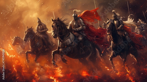 Epic scene of armored knights on horseback charging through flames and smoke on a medieval battlefield © Mars0hod