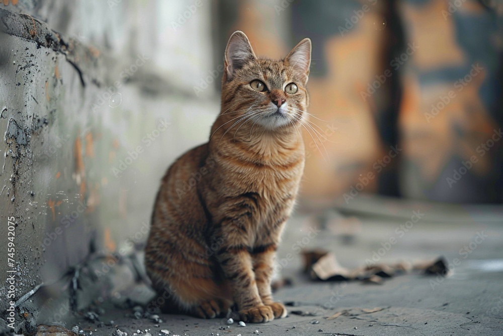 Naklejka premium Solitary cat perched on rooms cement floor, contemplative solitude captured