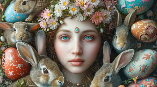 Easter goddess surrounded by rabbits and colorful eggs, portrait. Radiant goddess surrounded playful rabbits and array of colorful eggs. Aura of enchantment, spirit of holiday