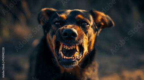 Very aggressive rabid dog with big teeth and dangerous furious look. Attack of scary wild dog on people