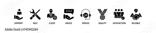 Customer care banner web icon set vector illustration concept for customer support and telemarketing service with an icon of help, client, advice, chat, service, reliability, quality, and satisfaction