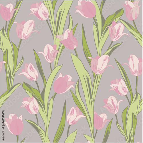 Hand drawn flowers tulips seamless pattern. Spring botanical illustration. For background, greeting cards, invitations, birthday and mother's day, linen, wrapping paper, wallpaper, textile.