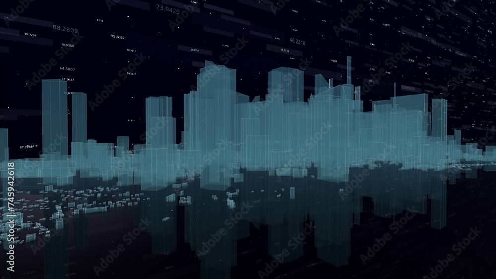 a computer generated image of a city skyline at night