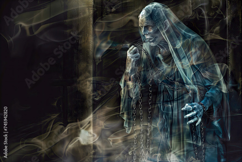 Illustration of the ghost of Jacob Marley who appeared to Ebinezer Scrooge in the Charles Dickens novel A Christmas Carol