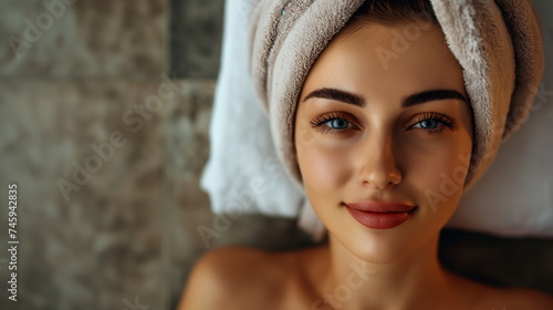 Woman in luxurious spa  towel on head  closeup portrait  relaxing massage session. Sense of tranquility and anticipation  soothing experience  spa environment