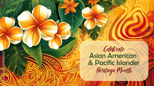 Asian American, Pacific Islander Heritage month abstract banner with tropical flowers. Greeting card, AAPI print. photo