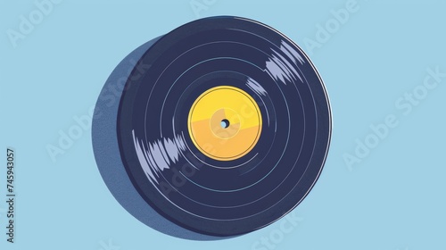 A vintage vinyl record with a yellow label centered on a blue background, illustrating retro music themes, analog audio technology, and nostalgia photo