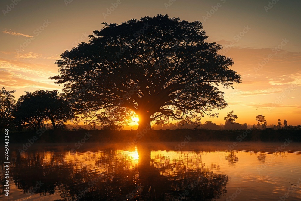 Trees by water at sunrise, large tree against rising sky