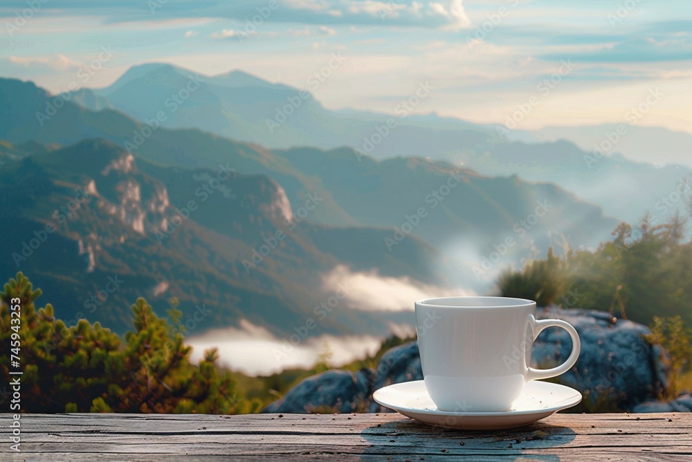 Hot coffee mug on a tabletop with morning mountain view Hot coffee mug on a tabletop with morning mountain view