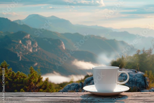 Hot coffee mug on a tabletop with morning mountain view