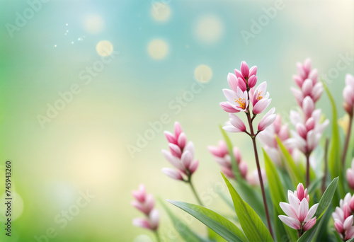 Pink flowers in a garden on a blurry bokeh background. Summer background, wallpaper, backdrop. Copy space.