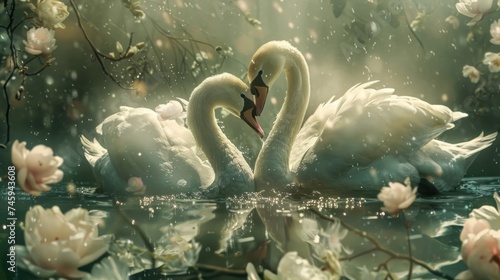 Fototapeta Naklejka Na Ścianę i Meble -  Two beautiful swans form together make romantic symbol of love in lake. AI generated image