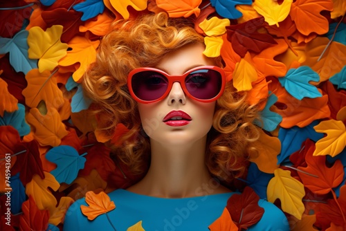 a woman wearing sunglasses surrounded by colorful leaves © Ivan