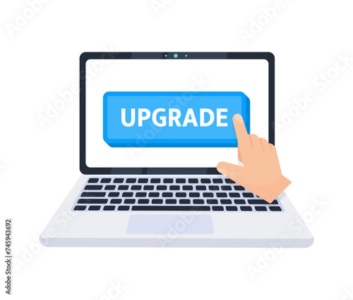 Hand pointer clicking on a upgrade button on a laptop screen. Vector illustration