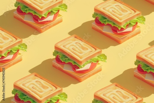 Pattern of toasted sandwiches with lettuce, tomato, and cheese on a yellow background