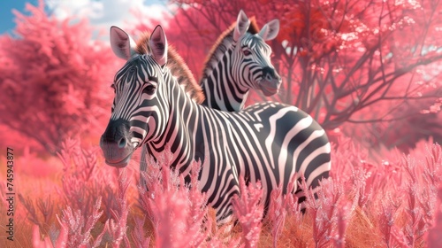 Two zebra horse animals in nature with cute pink toned color background. AI generated image