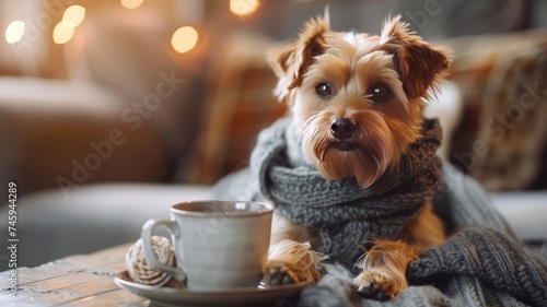 coffee cup, cute dog on table. cozy, hygge concept. copy space © Bi