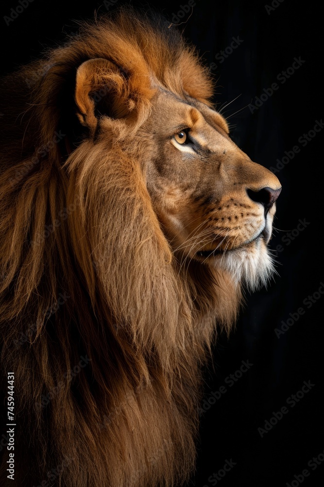 Profile view of a majestic lion with a full mane against a black background, highlighting its regal features