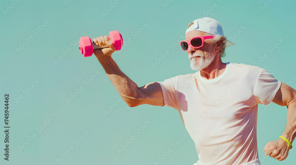 Senior Caucasian man doing exercise with dumbbell Senior Caucasian man doing exercise with dumbbell
