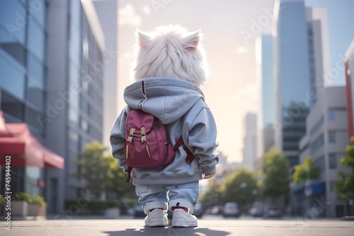 Cute white Persian cat in jacket with backpack on city background photo