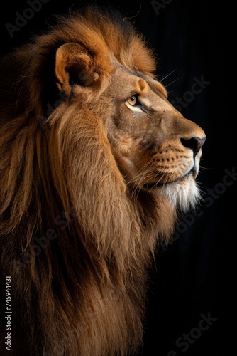 Profile view of a majestic lion with a full mane against a black background, highlighting its regal features