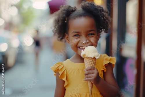 A young girl in a yellow dress enjoys a vanilla ice cream cone