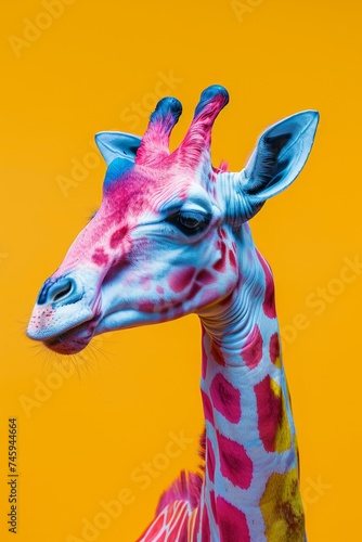 A vibrant  digital image of a giraffe with pink patches on a bright yellow background