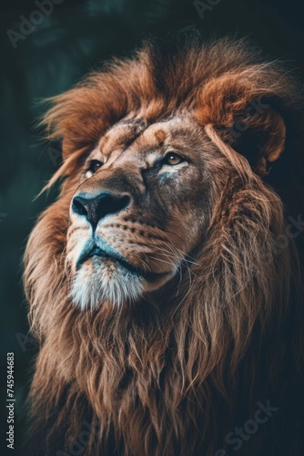 Close-up portrait of a majestic lion with a lush mane, set against a dark, moody background