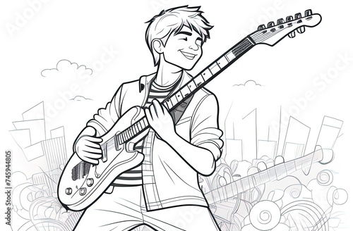 Outline illustration of a teenager playing guitar. coloring book  page