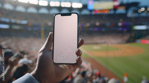 Man fan hands holding isolated smartphone device in baseball crowed stadium game with blank empty white screen, sports betting concept photo