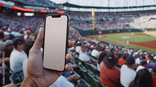 Man fan hands holding isolated smartphone device in baseball crowed stadium game with blank empty white screen, sports betting concept photo