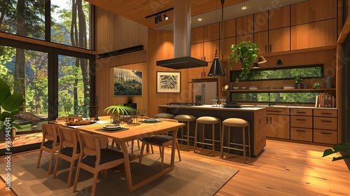 Cozy ambiance of a minimalist kitchen featuring sleek wooden materials  where clean lines and minimalist design elements create a serene and inviting space for culinary exploration and relaxed dining