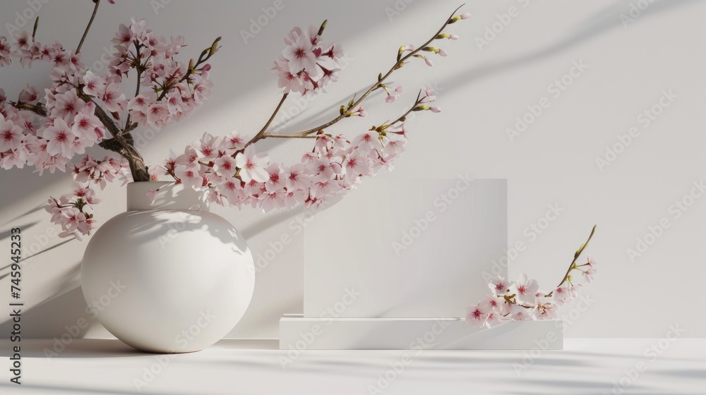 Standing blank square greeting card in podium platform with pink flower plant in white round vase. 3D mockup of Valentine's Day Greeting Card Standing blank square greeting card in podium platform with pink flower plant in white round vase. 3D mockup of Valentine's Day Greeting Card