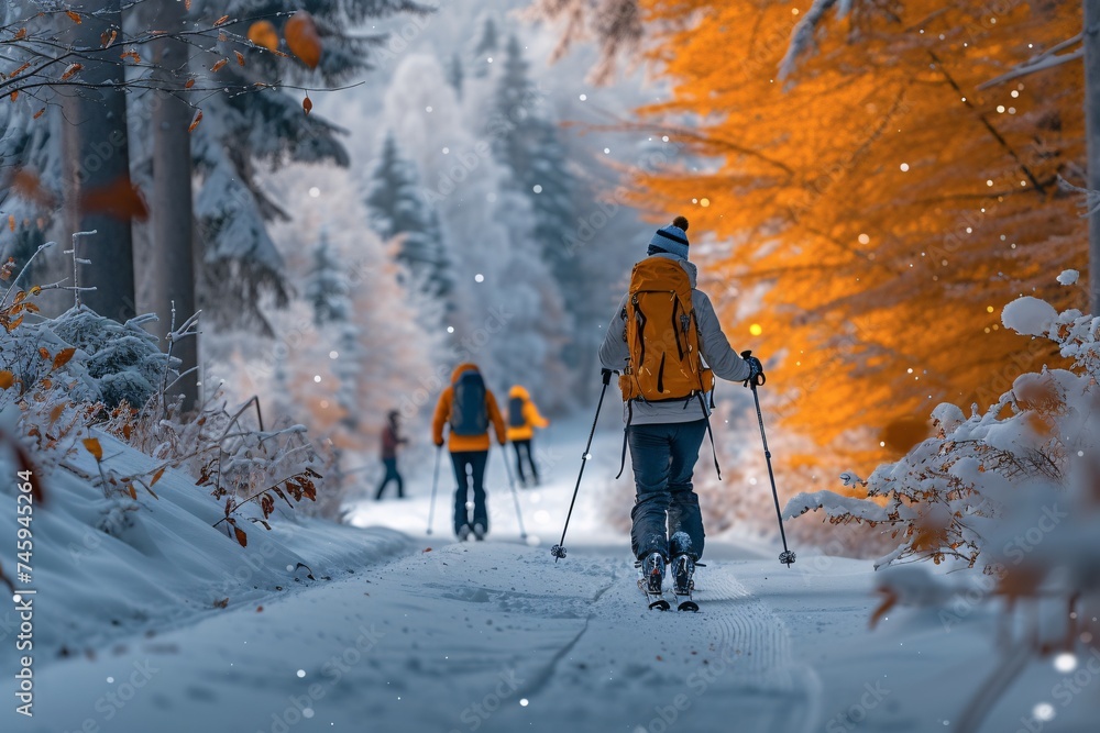 A group of hikers trekking a snowy path surrounded by a vibrant autumnal forest, evoking adventure and serenity