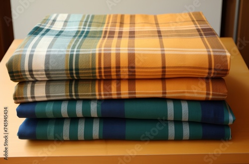 stack of colorful plaid texture fabrics placed on a wooden table