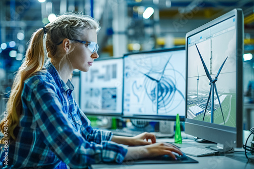 Engineer Collaborating on Eco-Friendly Turbine Design. Engineer engages in the design and development of turbine models, address the innovation in sustainable technology. photo