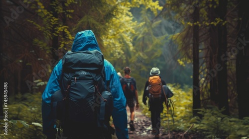 People with backpack walking in the forest park