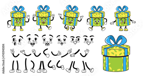 Retro Groovy Cartoon Gift Box Character Construction Kit. Vector Collection Of 70s Or 60s-inspired Nostalgic Personage