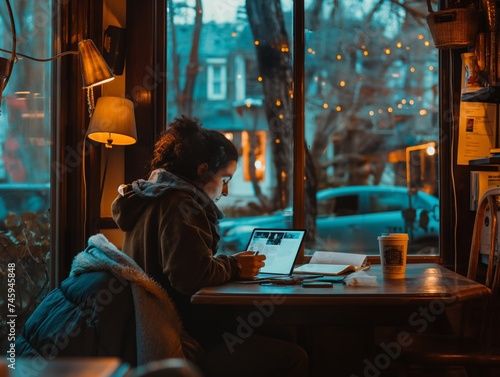 A female author brainstorming plot ideas for their next novel at a cozy cafe