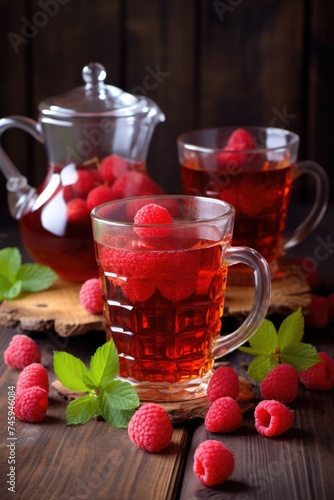 Summer raspberry cold drink (juice, cocktail, fruit tea) with mint on top. photo
