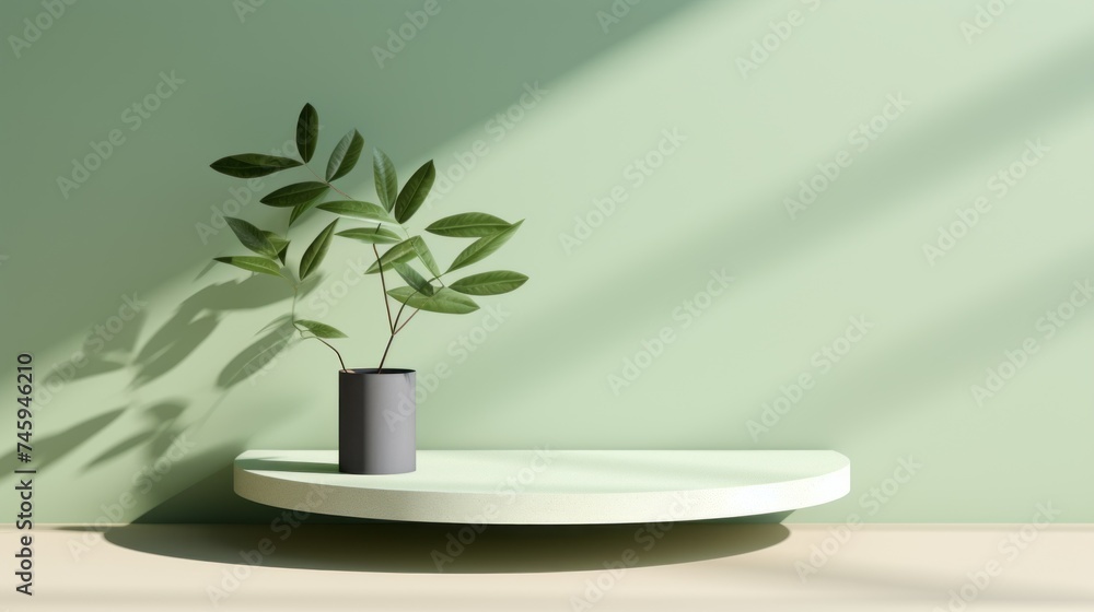 Pastel Green Minimalistic Background with Leaves, Light, Shadows for branding, promotion, presentation of Cosmetics, product. Stage, Mockup, Pedestal, Platform, Advertising Showcase with copy space.